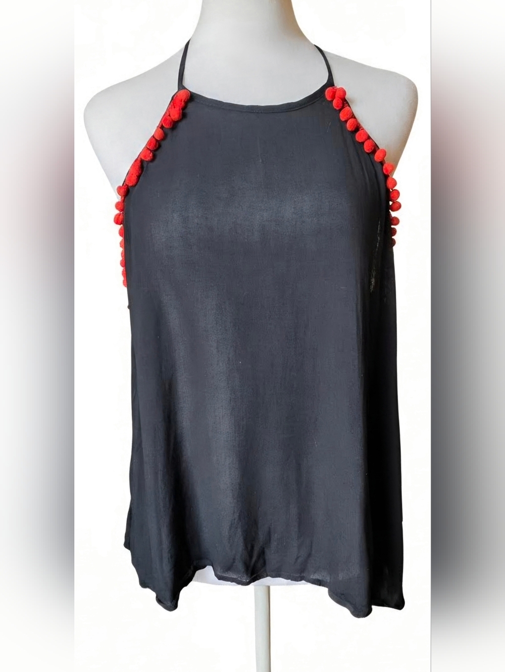 Y2K Vintage Halter Swing Tank Womens L Black w Red Pom-Trim Dark Boho Lightweigh